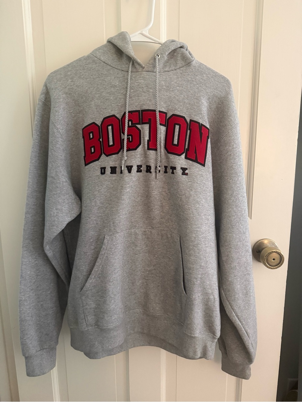 Champion Gray Hoodie with Red Boston Lettering